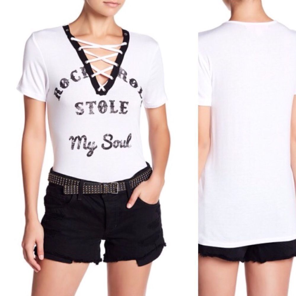 Rock & Roll Stole My Soul Lace Up T Shirt Sz L NWT